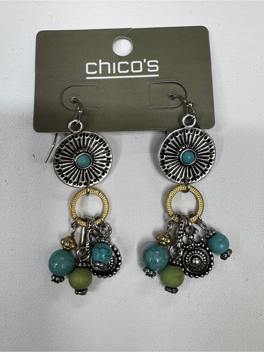 Chico's Two-Tone Turquoise & Green Dangle Earrings with Silver Medallion363s
